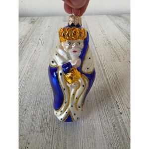 Vintage Glitter King glass‎ gold ornament blue Xmas tree